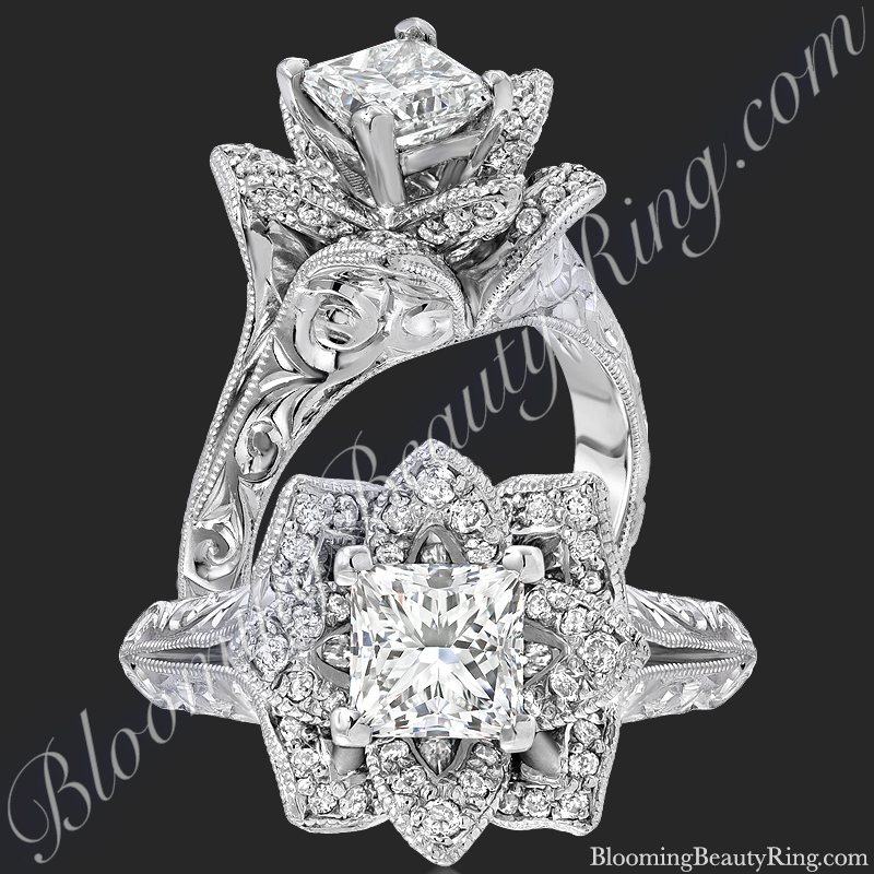 Hand Engraved 8 Petal .58 ct. Diamond Princess Lotus Flower Ring