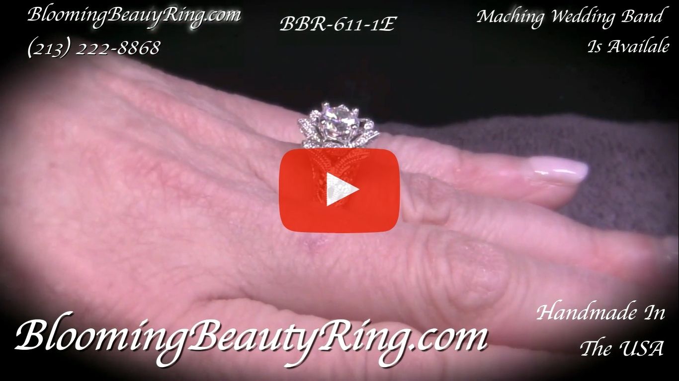 Diamond Embossed Blooming Rose Engagement Ring with Etched Carvings – bbr611-1 on the finger video