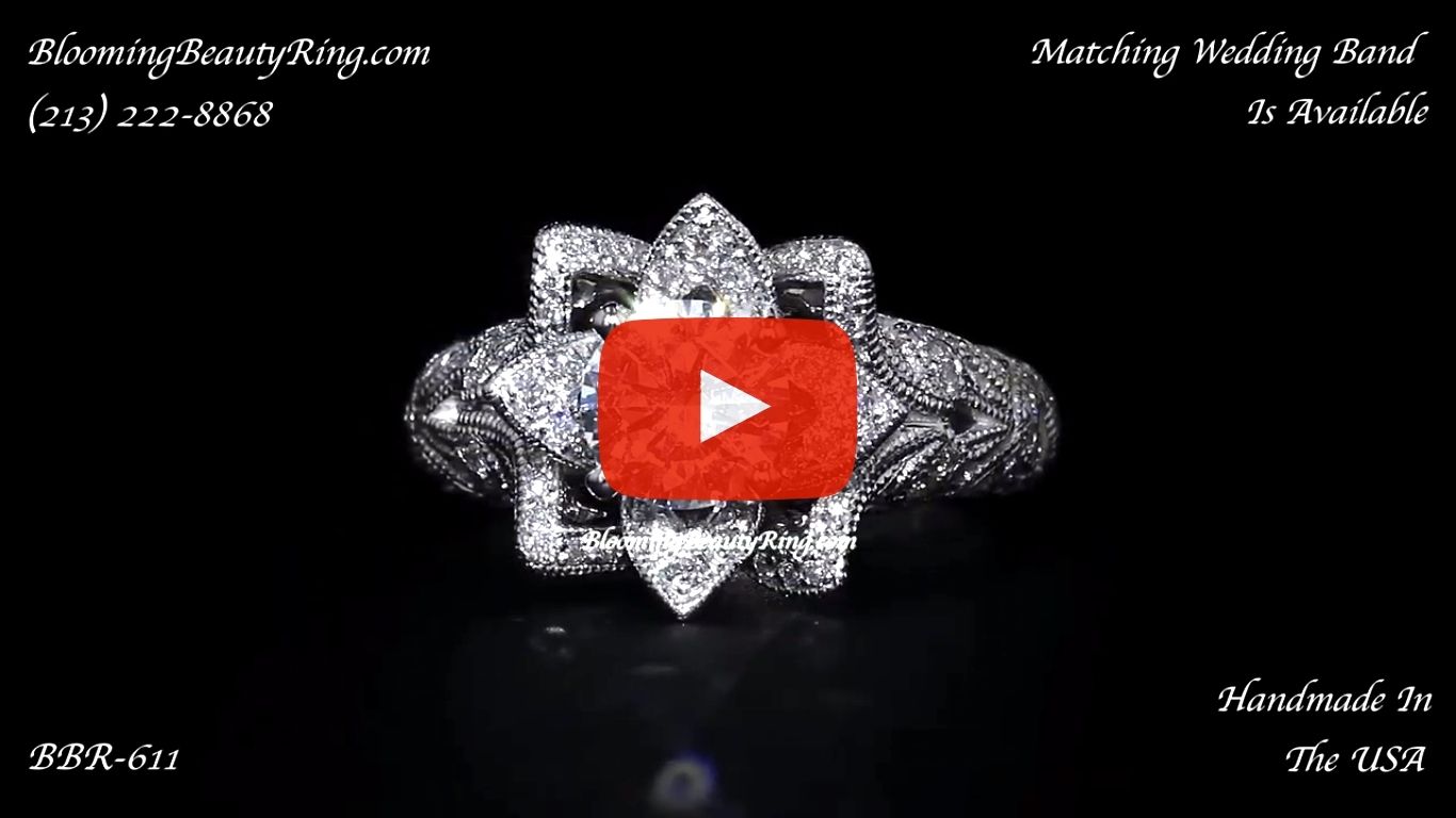 Art Carved Blooming Rose Flower Engagement Ring with Rose Gold Petals – bbr611 laying down video
