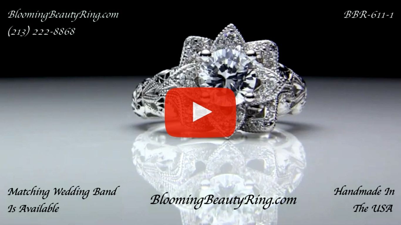 Diamond Embossed Blooming Rose Engagement Ring with Etched Carvings – bbr611-1 laying down video