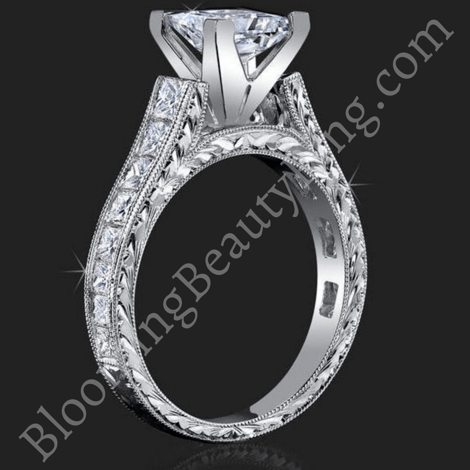 1.50 ctw. Extravagantly Detailed Princess and Millegrain Engagement Ring - bbr334