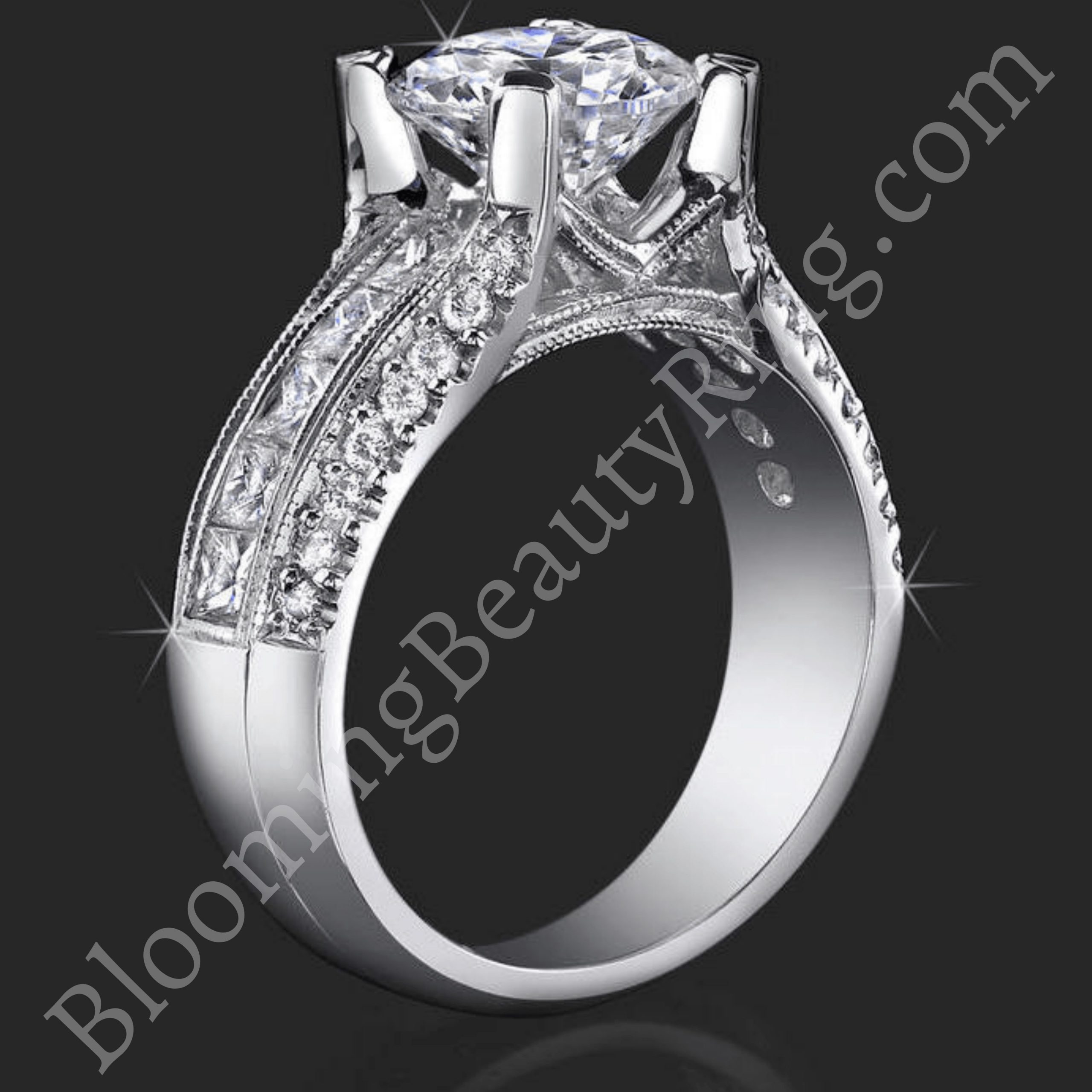 1.00 ctw. Princess Channel and Round Pave Set Diamond Engagement Ring - bbr161 standing up