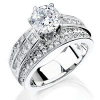 3 Band Round Pave and Channel Set Princess Diamond Engagement Ring Turned - Side View