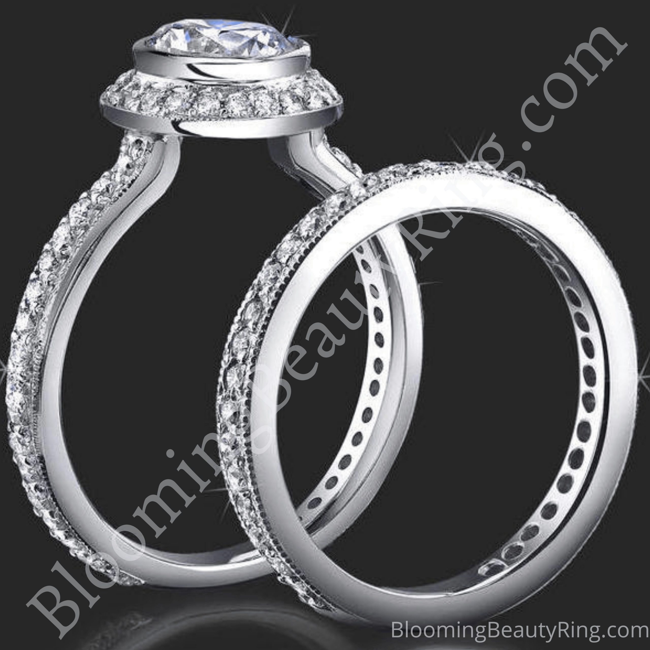 .94 ctw. Halo Bezel Millegrain Diamond Engagement Ring Set