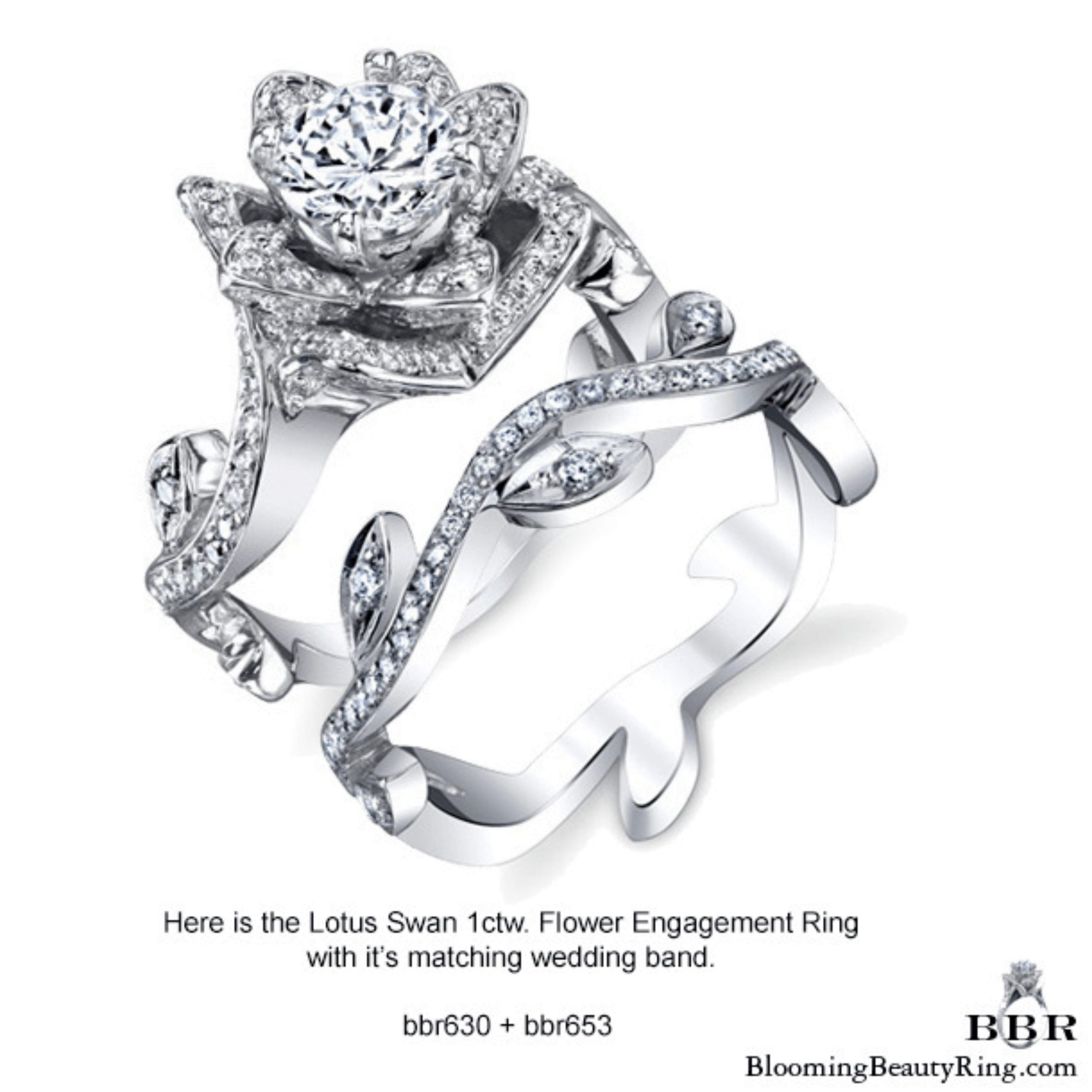 Small Lotus Leafy Swan 1.32 ctw diamond engagement ring set