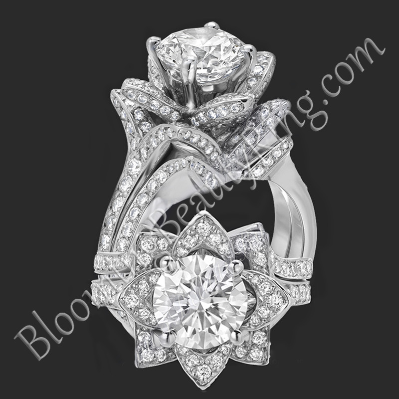 The Small Crimson Rose Flower Diamond Engagement Ring Set – bbr607-1-Set