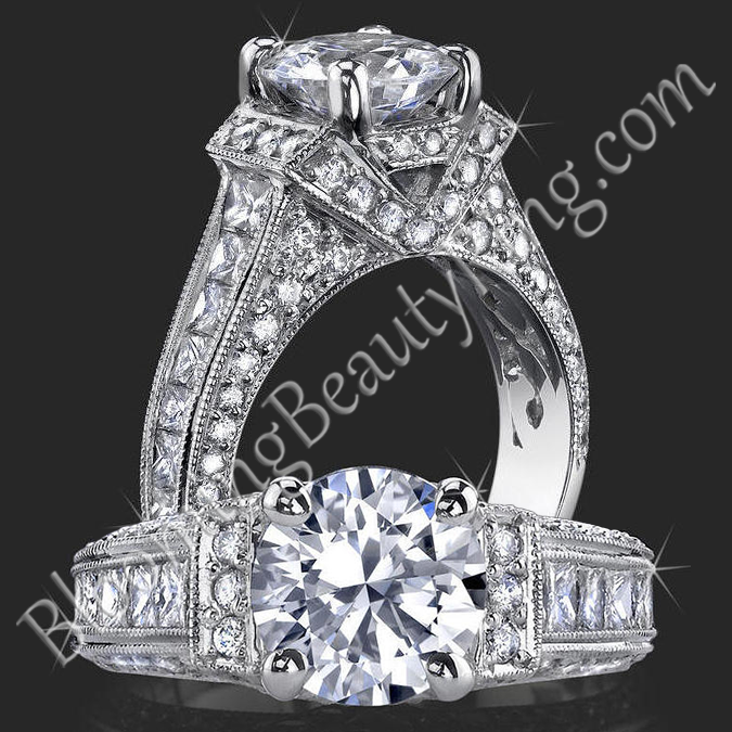 1.83 ctw. 4 Prong Princess and Round Millegrain Engagement Ring - bbr290